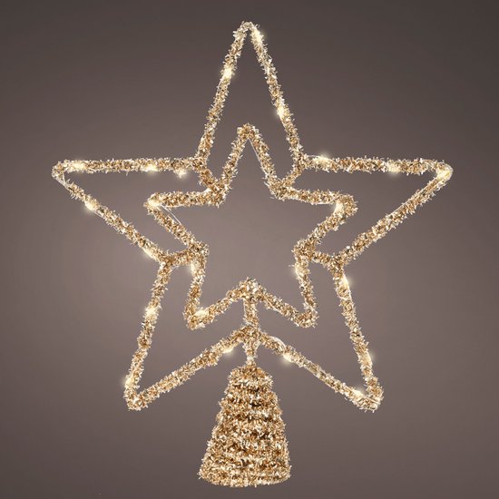 Gouden kerstboom piek in ster vorm met warme witte LED verlichting en glitter.