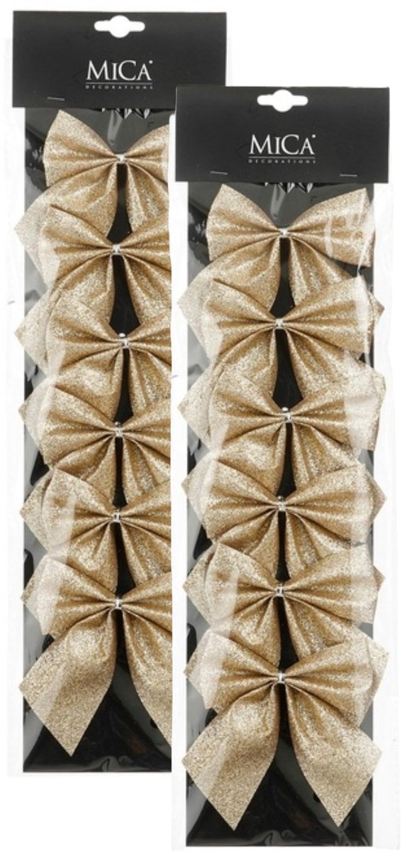 House of Seasons Kerst ornamenten strikken - 12x stuks - champagne - 10 x 12 cm - kerstboomstrikjes - kerstversiering