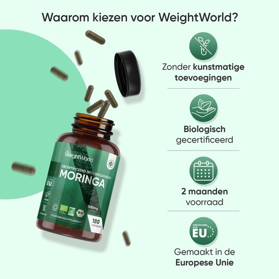 WeightWorld Biologische Moringa capsules - 1650 mg - 180 capsules - Rijk aan vitamines, mineralen en antioxidanten