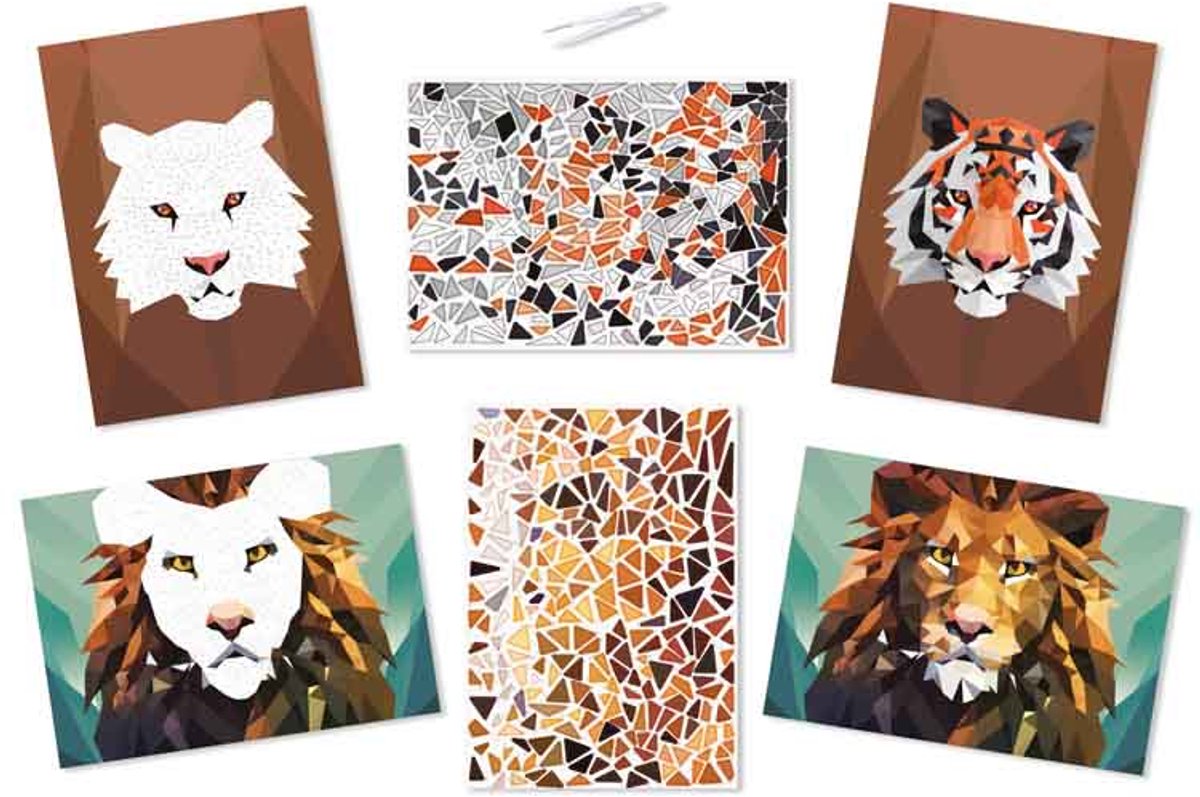 Knutselset - Tijger & Leeuw - 2 Kaarten - Stickers Plakken op Nummer - Stickermozaiek - A4 Formaat