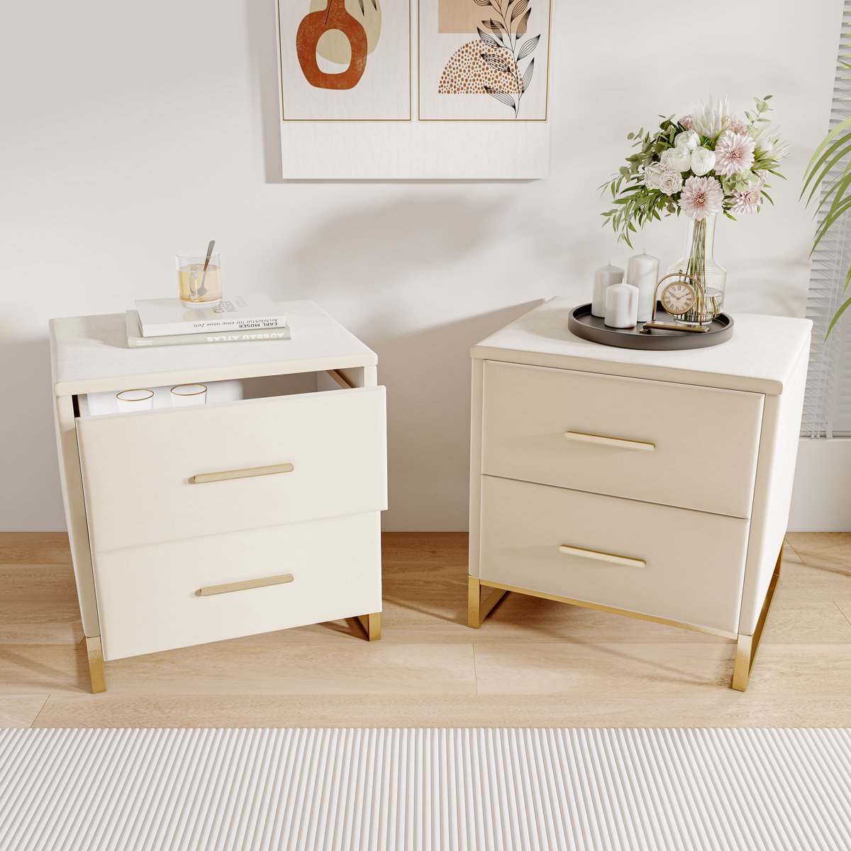 Set van 2 nachtkastjes – beige velvet, 2 lades, gouden metalen onderstel