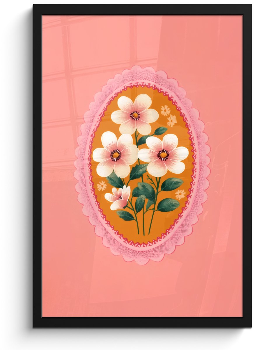 FrameYourWall Poster in lijst - Fotolijst 40x60 cm - Posters - Illustratie - Bloemen - Rand - Roze - Posterlijst zwart - Decoratie - Wanddecoratie woonkamer - Muurdecoratie slaapkamer