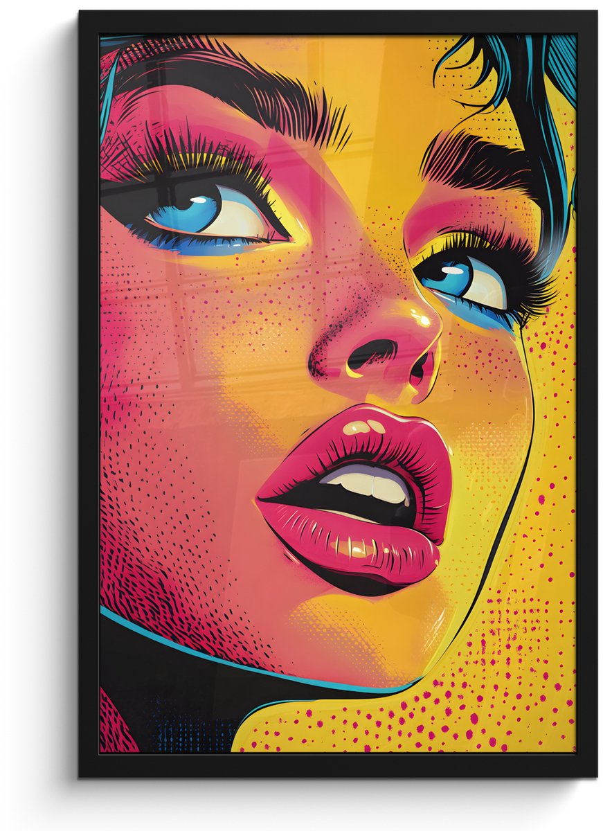 FrameYourWall Poster in lijst - Fotolijst 40x60 cm - Posters - Close-up - Vrouwengezicht - Stippen - Geel - Posterlijst zwart - Decoratie - Wanddecoratie woonkamer - Muurdecoratie slaapkamer Gezicht - Vrouw