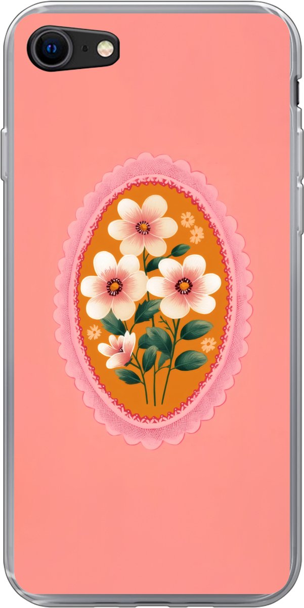 Telefoonhoesje Geschikt voor iPhone 7 hoesje - Illustratie - Bloemen - Rand - Roze - Siliconen Telefoonhoesje Telefoonhoesje