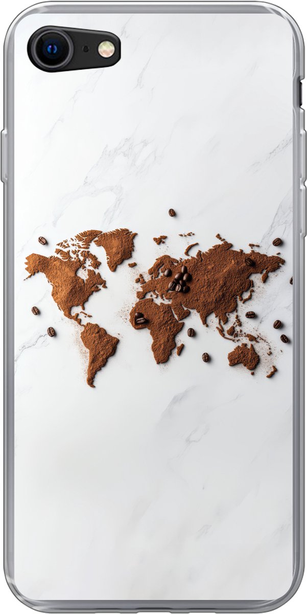 Telefoonhoesje Geschikt voor iPhone 7 hoesje - Wereldkaart - Koffie - Marmer print - Siliconen Telefoonhoesje Telefoonhoesje