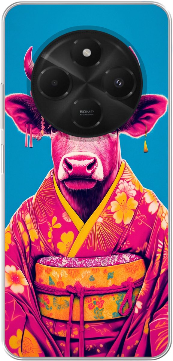 Telefoonhoesje Geschikt voor Xiaomi Geschikt voor Poco C75 (5G) hoesje - Koe - Bloemenkrans - Oorhangers - Kimono - Siliconen Telefoonhoesje Telefoonhoesje