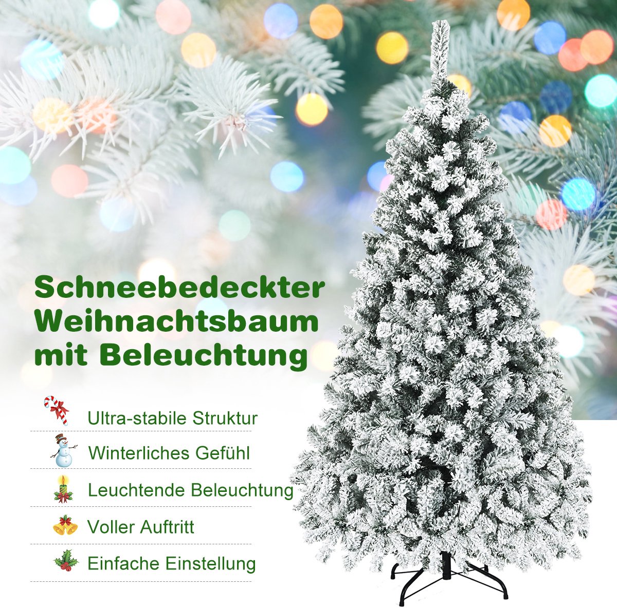 COSTWAY 180 cm Kunstkerstboom met verlichting - Realistische Kunststof Kerstboom met sneeuw - Kerstmis Kerstboom - PVC 600 takken & 250 LEDs -wit en groen – foto 7