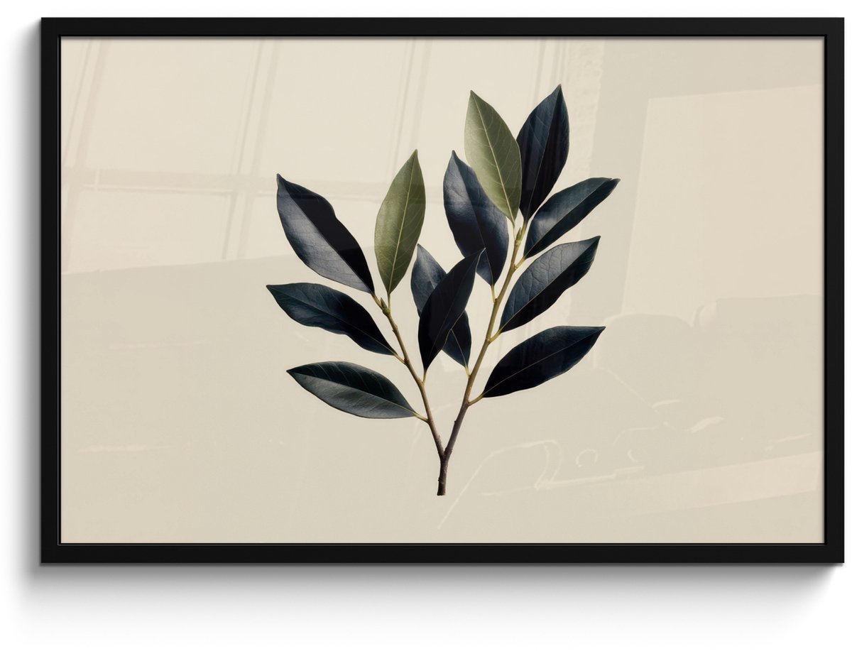 FrameYourWall Poster in lijst - Fotolijst 90x60 cm - Posters - Ovaal - Olijfgroen - Simpel - Posterlijst zwart - Decoratie - Wanddecoratie woonkamer - Muurdecoratie slaapkamer Tak - Blad
