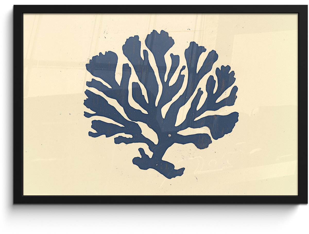 FrameYourWall Poster in lijst - Fotolijst 60x40 cm - Posters - Blauw koraal - Vertakkingen - Beige - Posterlijst zwart - Decoratie - Wanddecoratie woonkamer - Muurdecoratie slaapkamer