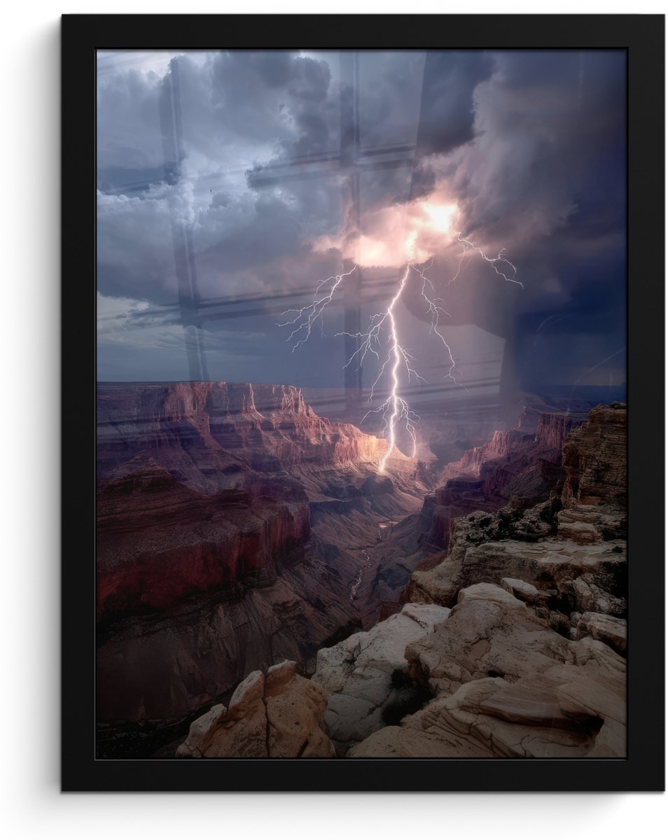 FrameYourWall Poster in lijst - Fotolijst 30x40 cm - Posters - Bliksem - Wolken - Canyon - Posterlijst zwart - Decoratie - Wanddecoratie woonkamer - Muurdecoratie slaapkamer Bliksem - Wolken - Rotsen