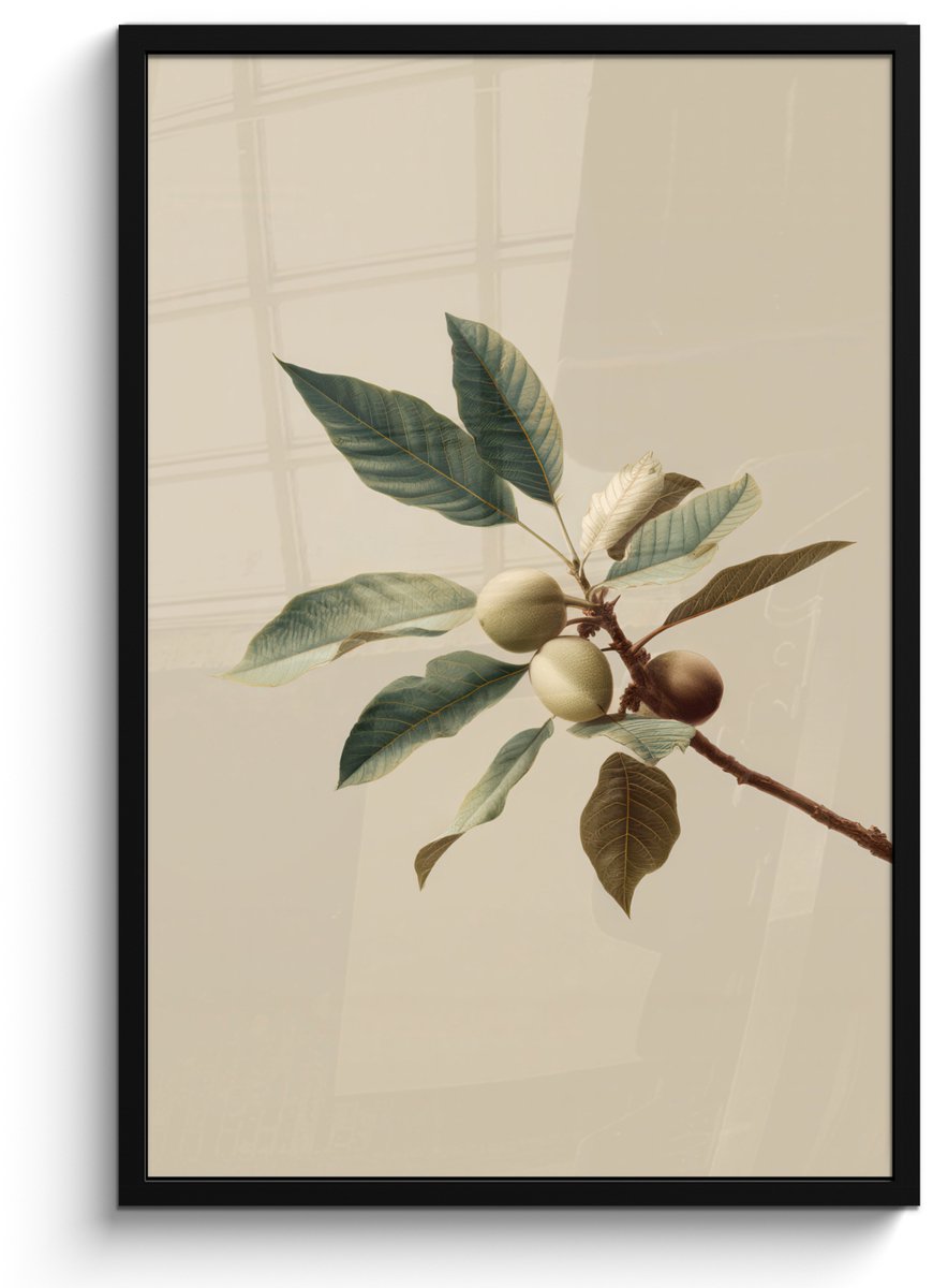 FrameYourWall Poster in lijst - Fotolijst 60x90 cm - Posters - Tak - Groene Bladeren - Vruchten - Posterlijst zwart - Decoratie - Wanddecoratie woonkamer - Muurdecoratie slaapkamer Tak - Bladeren - Vruchten