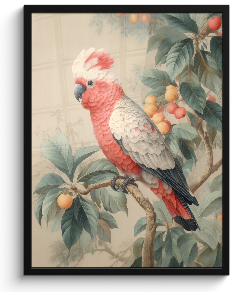 FrameYourWall Poster in lijst - Fotolijst 60x80 cm - Posters - Roze kuifkaketoe - Tak met vruchten - Bladeren - Posterlijst zwart - Decoratie - Wanddecoratie woonkamer - Muurdecoratie slaapkamer Kuifkaketoe - Tak - Vruchten