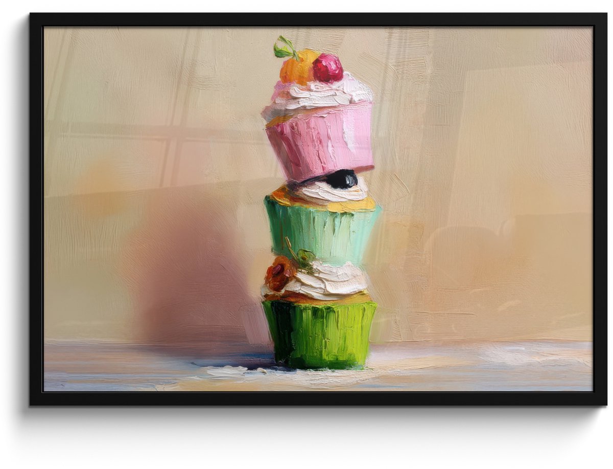 FrameYourWall Poster in lijst - Fotolijst 90x60 cm - Posters - Cupcakes - Gestapeld - Kleurrijk - Fruit - Posterlijst zwart - Decoratie - Wanddecoratie woonkamer - Muurdecoratie slaapkamer