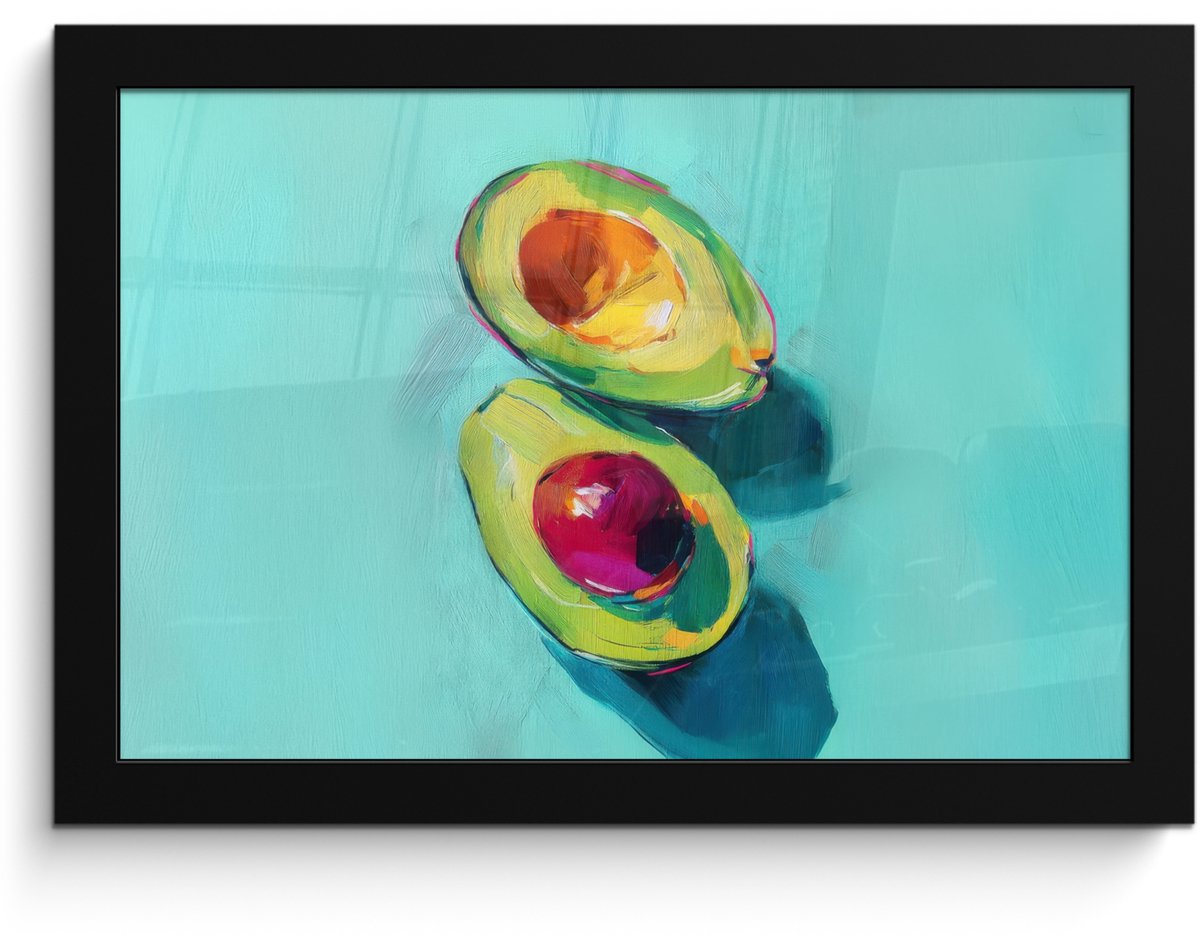 FrameYourWall Poster in lijst - Fotolijst 30x20 cm - Posters - Avocado - Groen - Pit - Schaduw - Posterlijst zwart - Decoratie - Wanddecoratie woonkamer - Muurdecoratie slaapkamer