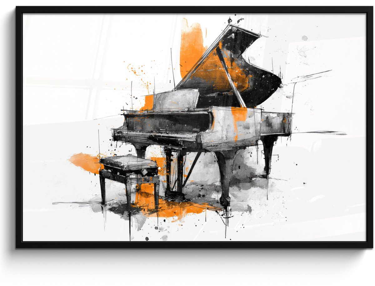 FrameYourWall Poster in lijst - Fotolijst 120x80 cm - Posters - Piano - Oranje - Zwart - schets lijnen - Posterlijst zwart - Decoratie - Wanddecoratie woonkamer - Muurdecoratie slaapkamer