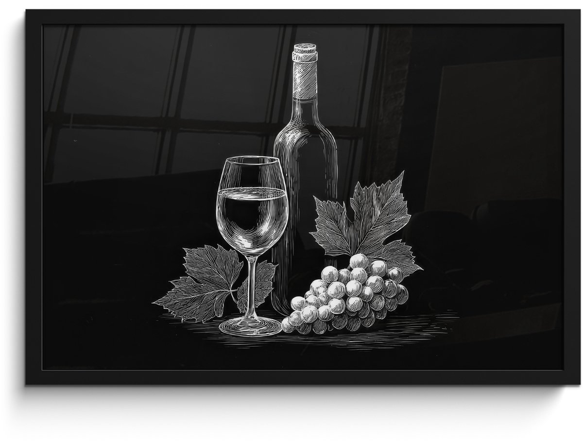 FrameYourWall Poster in lijst - Fotolijst 60x40 cm - Posters - Wijnfles - Glas - Druiven - Bladeren - Posterlijst zwart - Decoratie - Wanddecoratie woonkamer - Muurdecoratie slaapkamer Wijnfles - Druiven