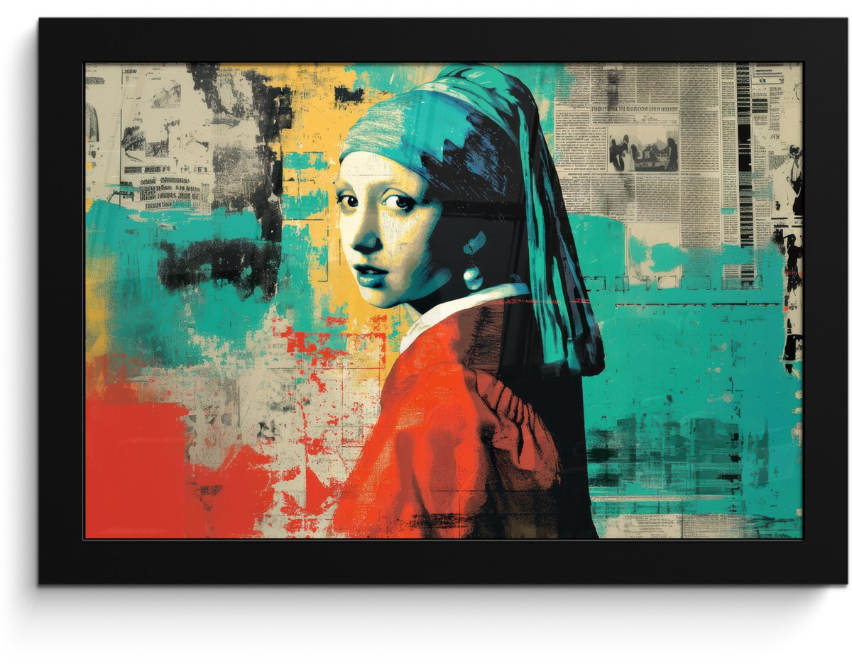FrameYourWall Poster in lijst - Fotolijst 30x20 cm - Posters - Klassiek - Pareloorbel - Streetartstijl - Kleurrijk - Posterlijst zwart - Decoratie - Wanddecoratie woonkamer - Muurdecoratie slaapkamer Vrouw - Klassiek - Pareloorbel