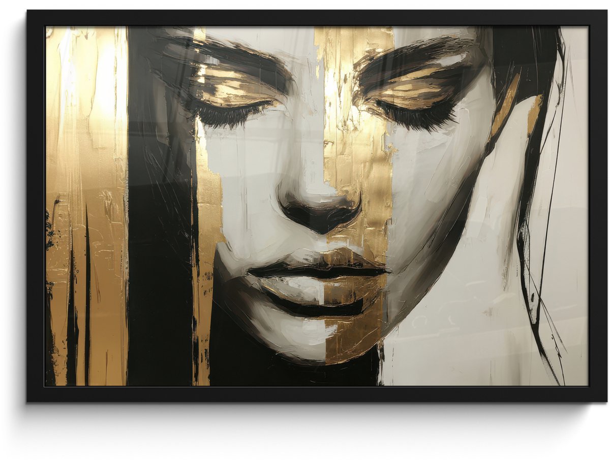 FrameYourWall Poster in lijst - Fotolijst 60x40 cm - Posters - Ogen - Gezicht - Goud - Strepen - Posterlijst zwart - Decoratie - Wanddecoratie woonkamer - Muurdecoratie slaapkamer