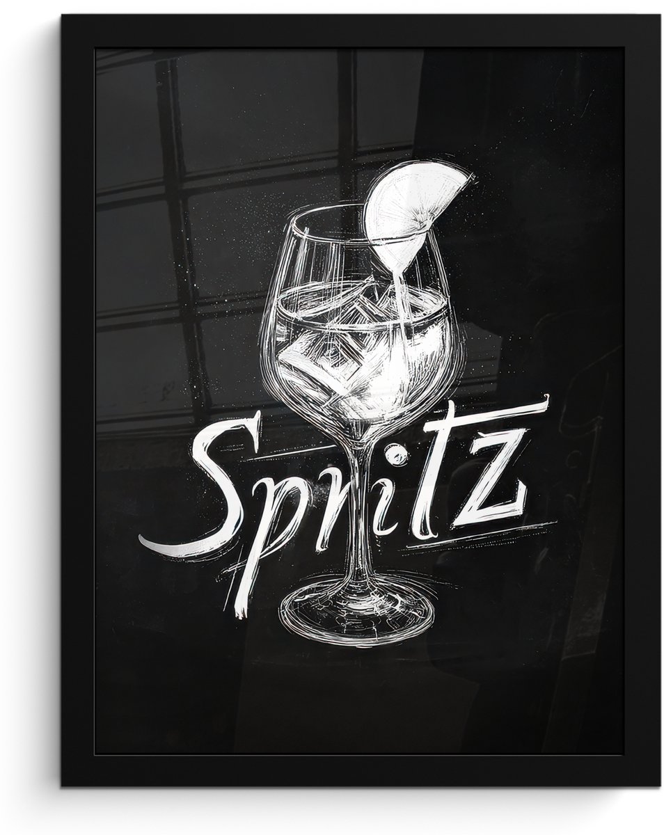 FrameYourWall Poster in lijst - Fotolijst 30x40 cm - Posters - Glas spritz - Krijtletters - Ijsblokjes - Citroen - Posterlijst zwart - Decoratie - Wanddecoratie woonkamer - Muurdecoratie slaapkamer Glas - Spritz