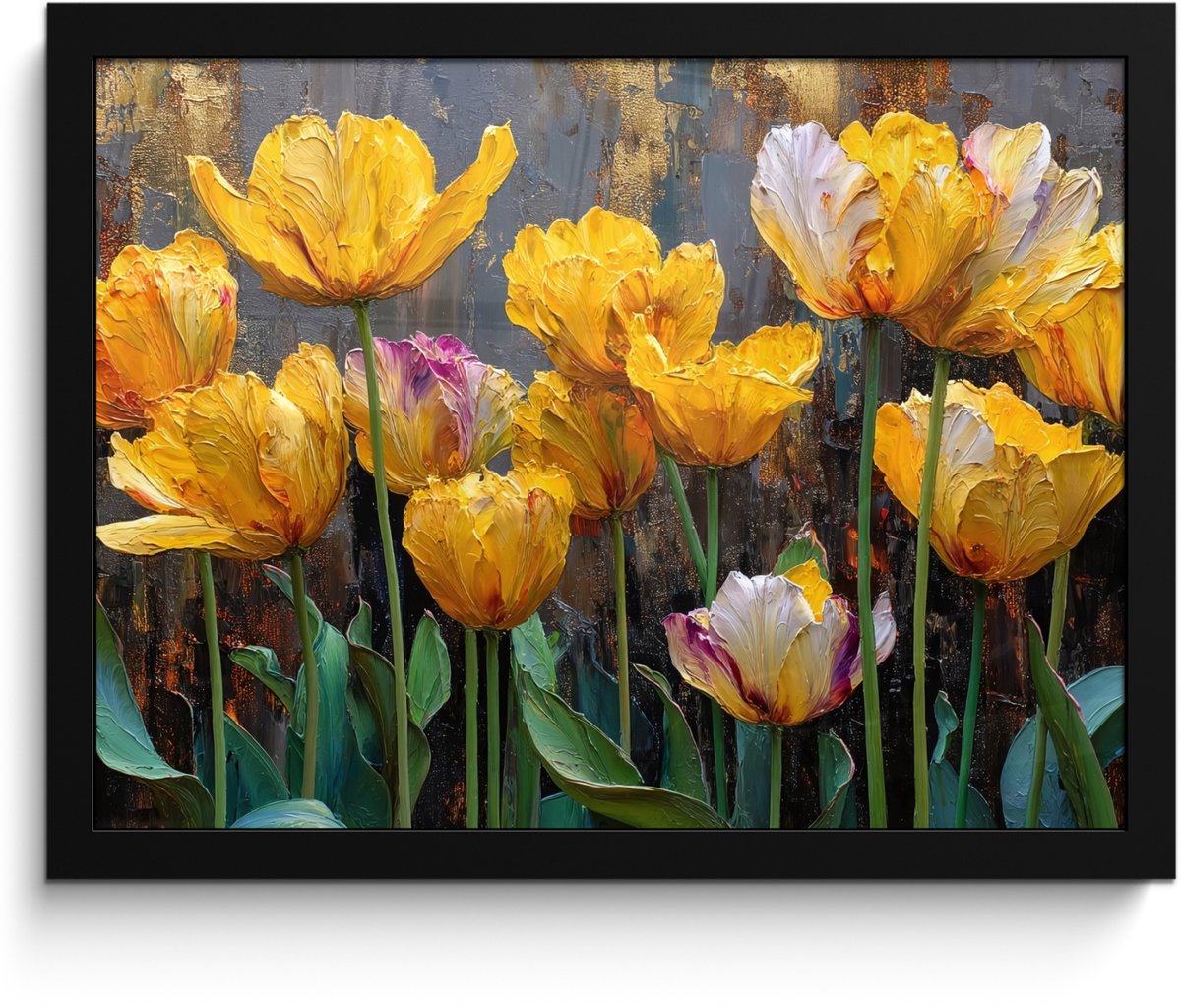 FrameYourWall Poster in lijst - Fotolijst 40x30 cm - Posters - Tulpen - Geel - Penseelstreken - Abstract - Posterlijst zwart - Decoratie - Wanddecoratie woonkamer - Muurdecoratie slaapkamer