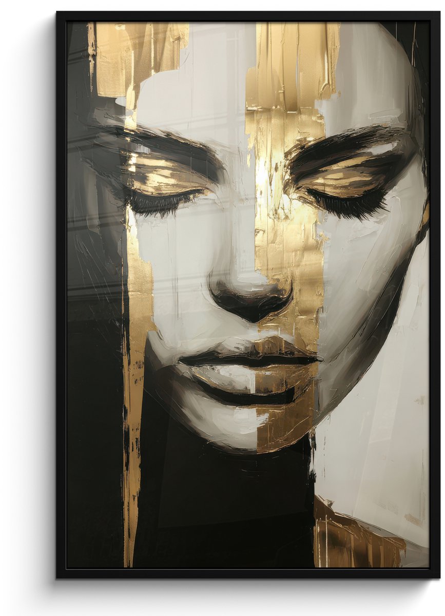 FrameYourWall Poster in lijst - Fotolijst 80x120 cm - Posters - Ogen - Gezicht - Goud - Strepen - Posterlijst zwart - Decoratie - Wanddecoratie woonkamer - Muurdecoratie slaapkamer