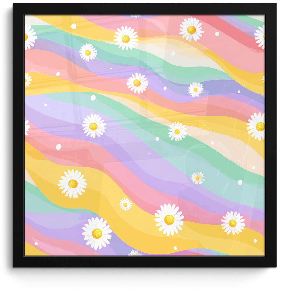 FrameYourWall Poster in lijst - Fotolijst 40x40 cm - Posters - Madeliefjes - Kleurrijk - Pastel - Vrolijk - Posterlijst zwart - Decoratie - Wanddecoratie woonkamer - Muurdecoratie slaapkamer