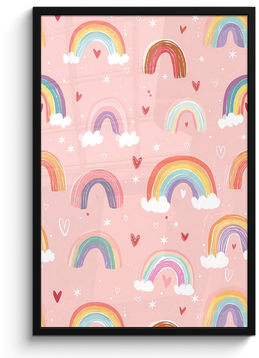 FrameYourWall Poster in lijst - Fotolijst 60x90 cm - Posters - Regenboog - Patroon - Pastel - Handgetekend - Posterlijst zwart - Decoratie - Wanddecoratie woonkamer - Muurdecoratie slaapkamer