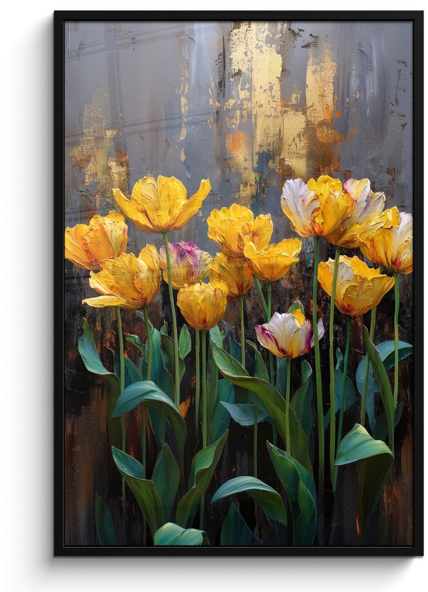 FrameYourWall Poster in lijst - Fotolijst 80x120 cm - Posters - Tulpen - Geel - Penseelstreken - Abstract - Posterlijst zwart - Decoratie - Wanddecoratie woonkamer - Muurdecoratie slaapkamer