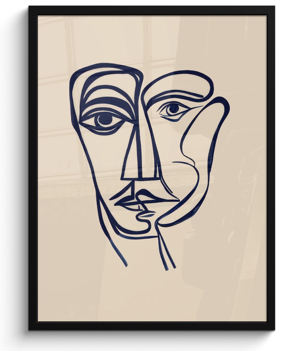 FrameYourWall Poster in lijst - Fotolijst 60x80 cm - Posters - Minimalistisch - Lijnillustratie - Beige - Donkerblauw - Posterlijst zwart - Decoratie - Wanddecoratie woonkamer - Muurdecoratie slaapkamer Lijnillustratie - Gezicht