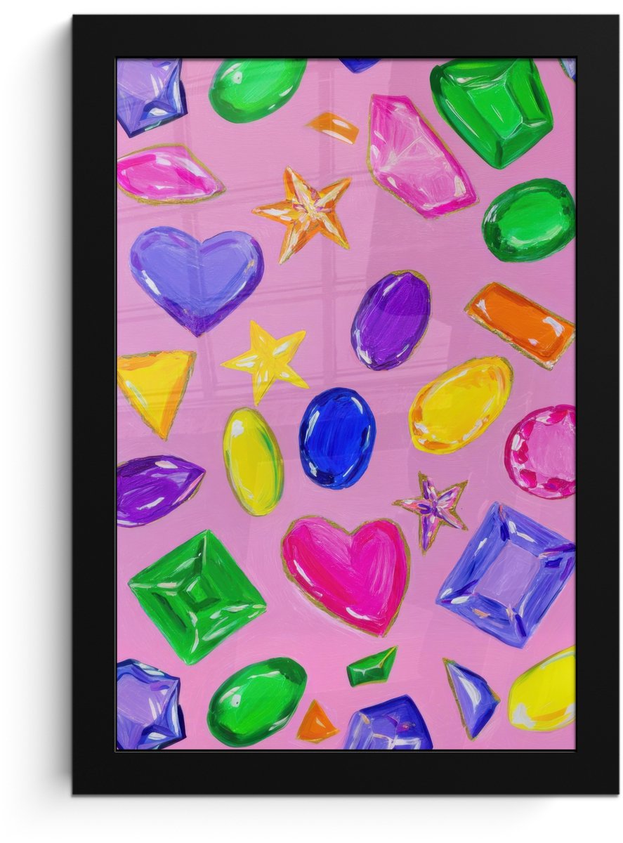 FrameYourWall Poster in lijst - Fotolijst 20x30 cm - Posters - Edelstenen - Vormen - Hartje - Kleurrijk - Posterlijst zwart - Decoratie - Wanddecoratie woonkamer - Muurdecoratie slaapkamer Vormen - Kleurrijk