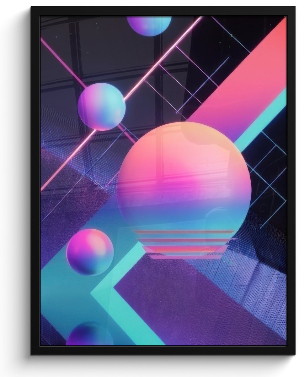 FrameYourWall Poster in lijst - Fotolijst 60x80 cm - Posters - Cirkels - Vlakken - Abstract - Blauw - Posterlijst zwart - Decoratie - Wanddecoratie woonkamer - Muurdecoratie slaapkamer Cirkels - Neon