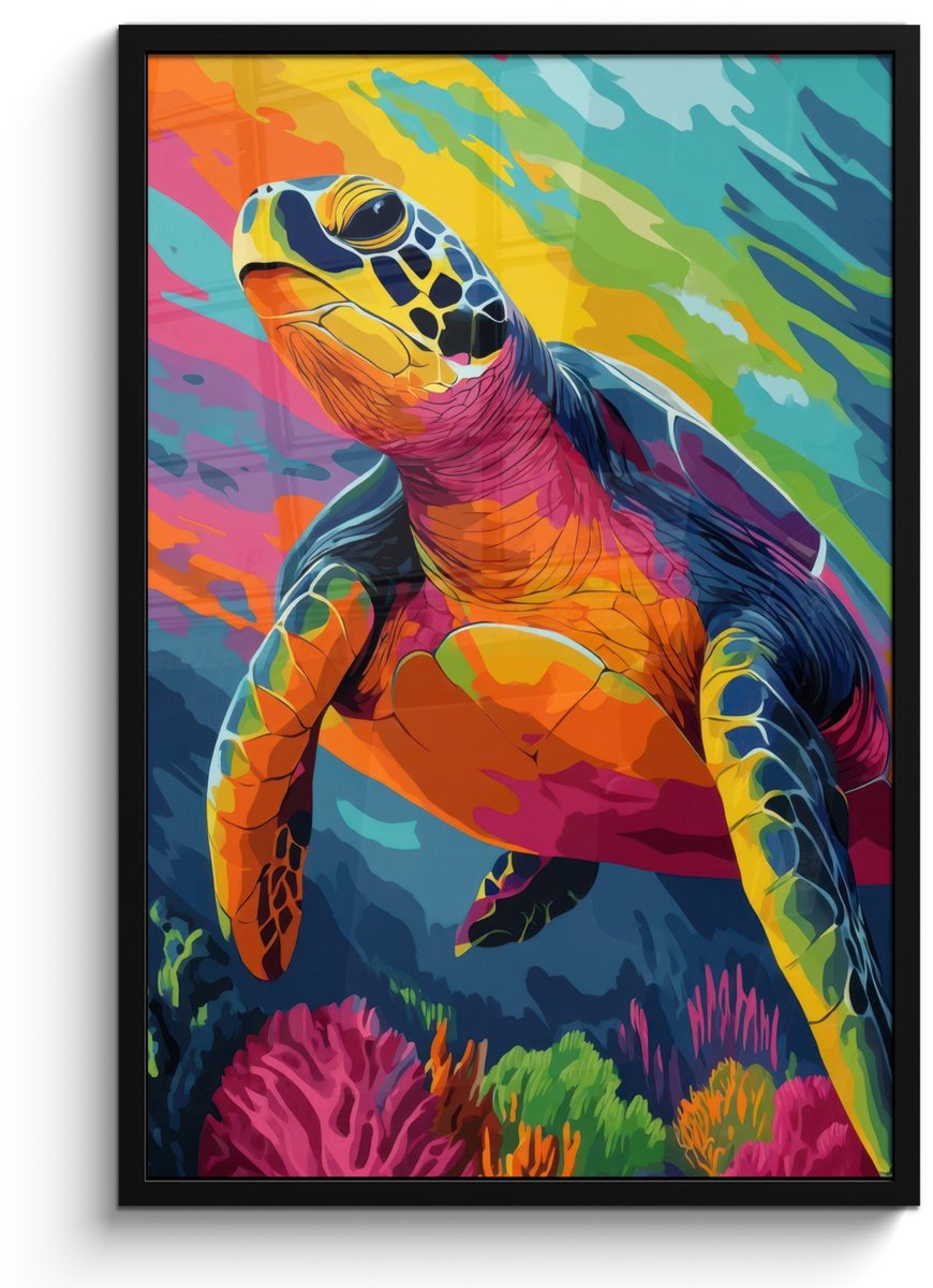 FrameYourWall Poster in lijst - Fotolijst 60x90 cm - Posters - Koraal - Schildpad - Abstract - Water - Posterlijst zwart - Decoratie - Wanddecoratie woonkamer - Muurdecoratie slaapkamer Schildpad - Kleurrijk