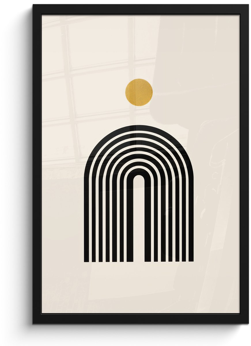 FrameYourWall Poster in lijst - Fotolijst 40x60 cm - Posters - Minimalistisch - Zwarte boog - Gouden cirkel - Posterlijst zwart - Decoratie - Wanddecoratie woonkamer - Muurdecoratie slaapkamer Boog - Cirkel