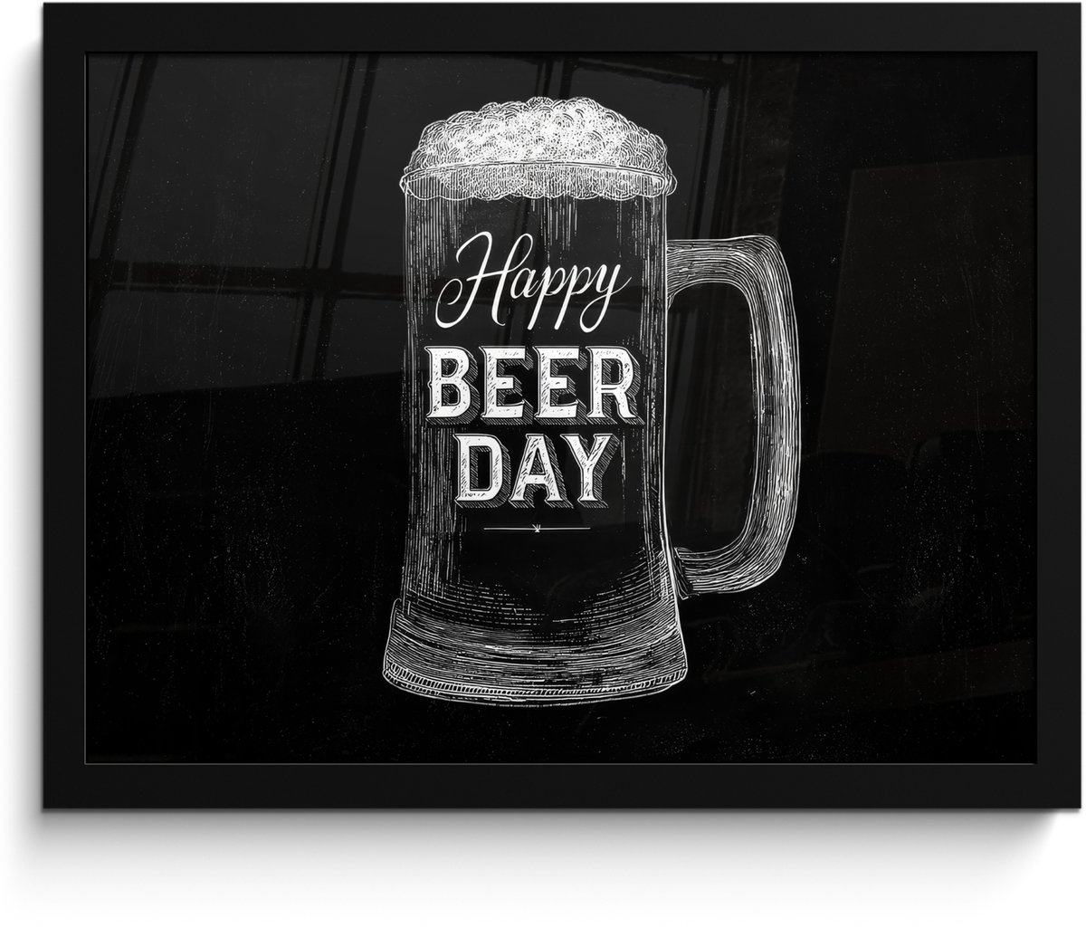 FrameYourWall Poster in lijst - Fotolijst 40x30 cm - Posters - Bierpul - Witte krijtletters - Happy beer day - Posterlijst zwart - Decoratie - Wanddecoratie woonkamer - Muurdecoratie slaapkamer Bierpul - Happy beer day