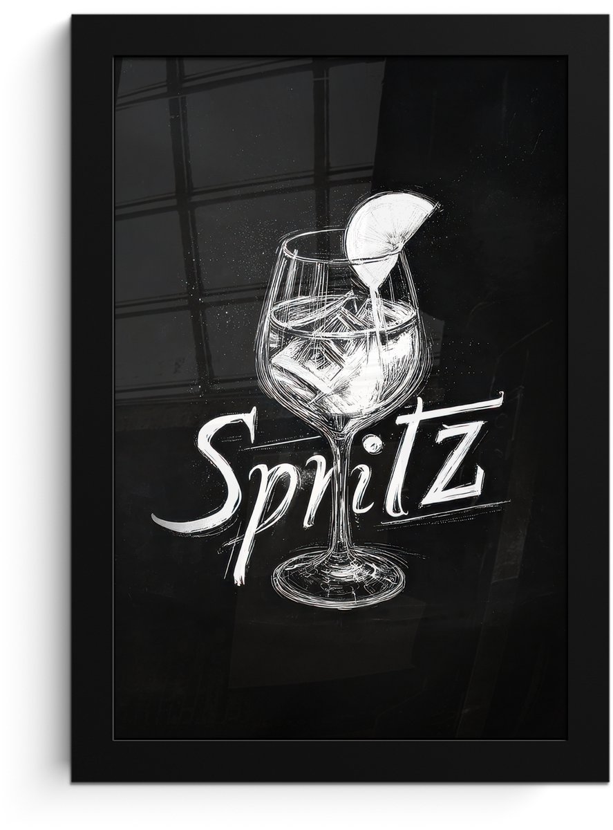 FrameYourWall Poster in lijst - Fotolijst 20x30 cm - Posters - Glas spritz - Krijtletters - Ijsblokjes - Citroen - Posterlijst zwart - Decoratie - Wanddecoratie woonkamer - Muurdecoratie slaapkamer Glas - Spritz