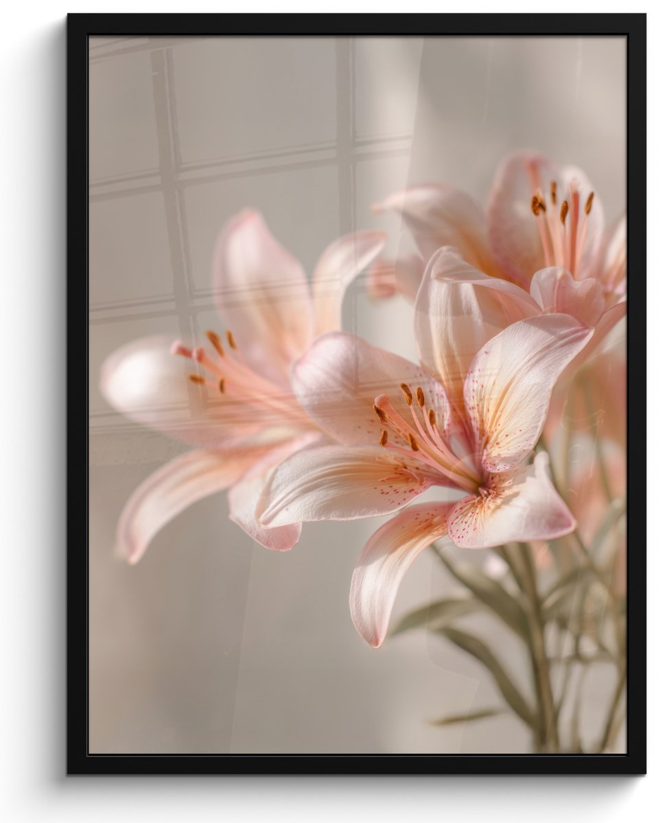 FrameYourWall Poster in lijst - Fotolijst 60x80 cm - Posters - Lelies - Meeldraden - Roze - Wazig - Posterlijst zwart - Decoratie - Wanddecoratie woonkamer - Muurdecoratie slaapkamer