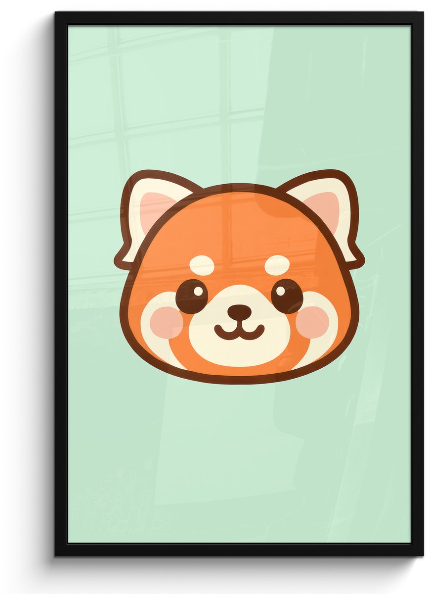 FrameYourWall Poster in lijst - Fotolijst 60x90 cm - Posters - Rode panda - Groen - Cartoon - Posterlijst zwart - Decoratie - Wanddecoratie woonkamer - Muurdecoratie slaapkamer
