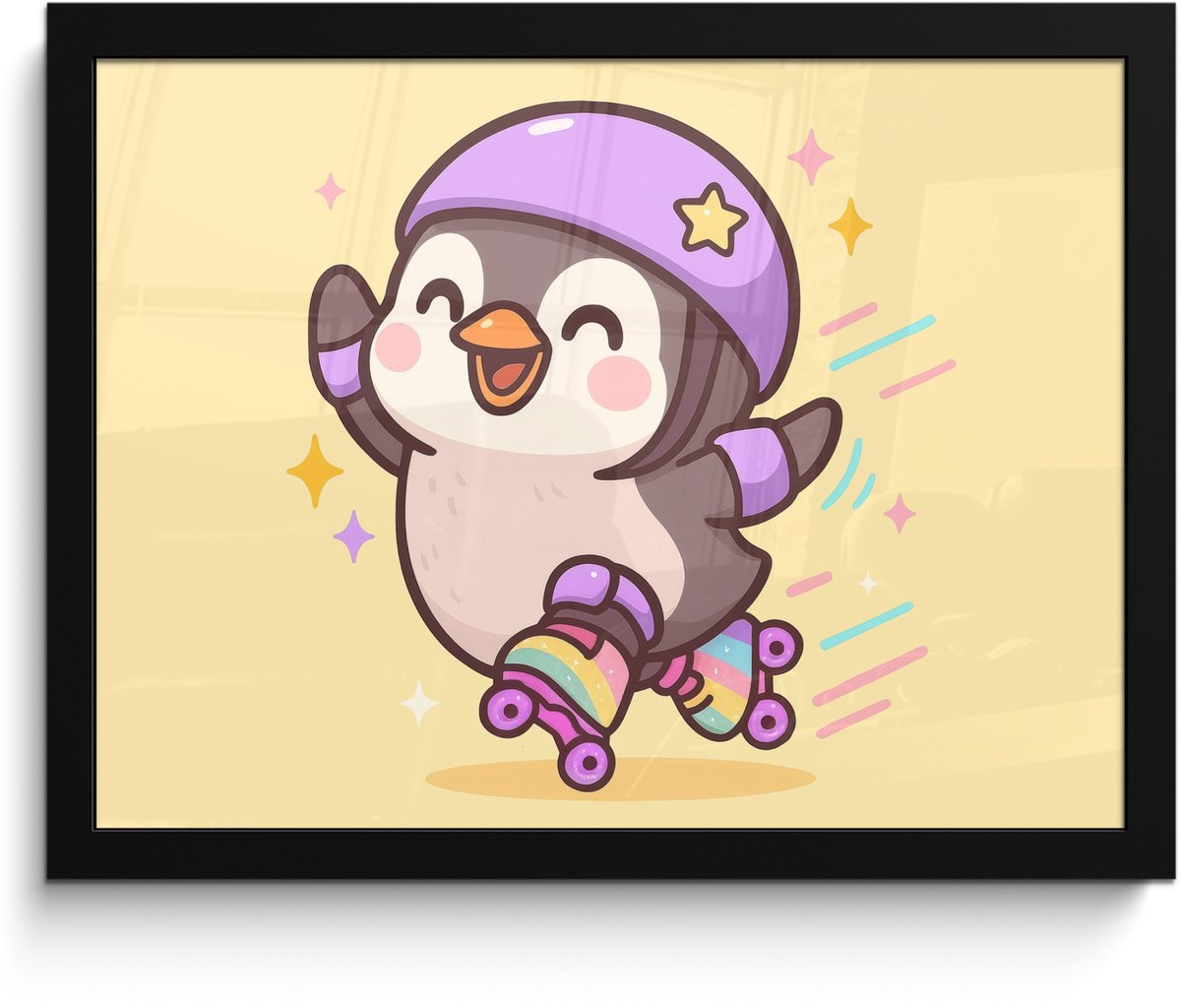 FrameYourWall Poster in lijst - Fotolijst 40x30 cm - Posters - Pinguïn - Rolschaatsen - Geel - Energiek - Posterlijst zwart - Decoratie - Wanddecoratie woonkamer - Muurdecoratie slaapkamer