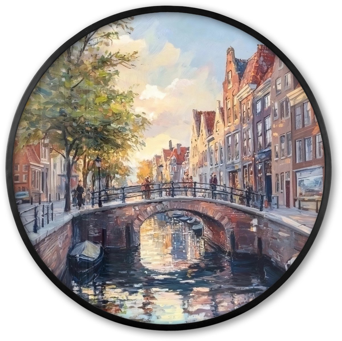 FrameYourWall Poster in lijst Rond - Fotolijst 60x60 cm - Posters - Brug - Stad - Huizen - Boot - Ronde posterlijst zwart - Decoratie - Wanddecoratie woonkamer - Muurdecoratie slaapkamer Brug - Stad - Gracht