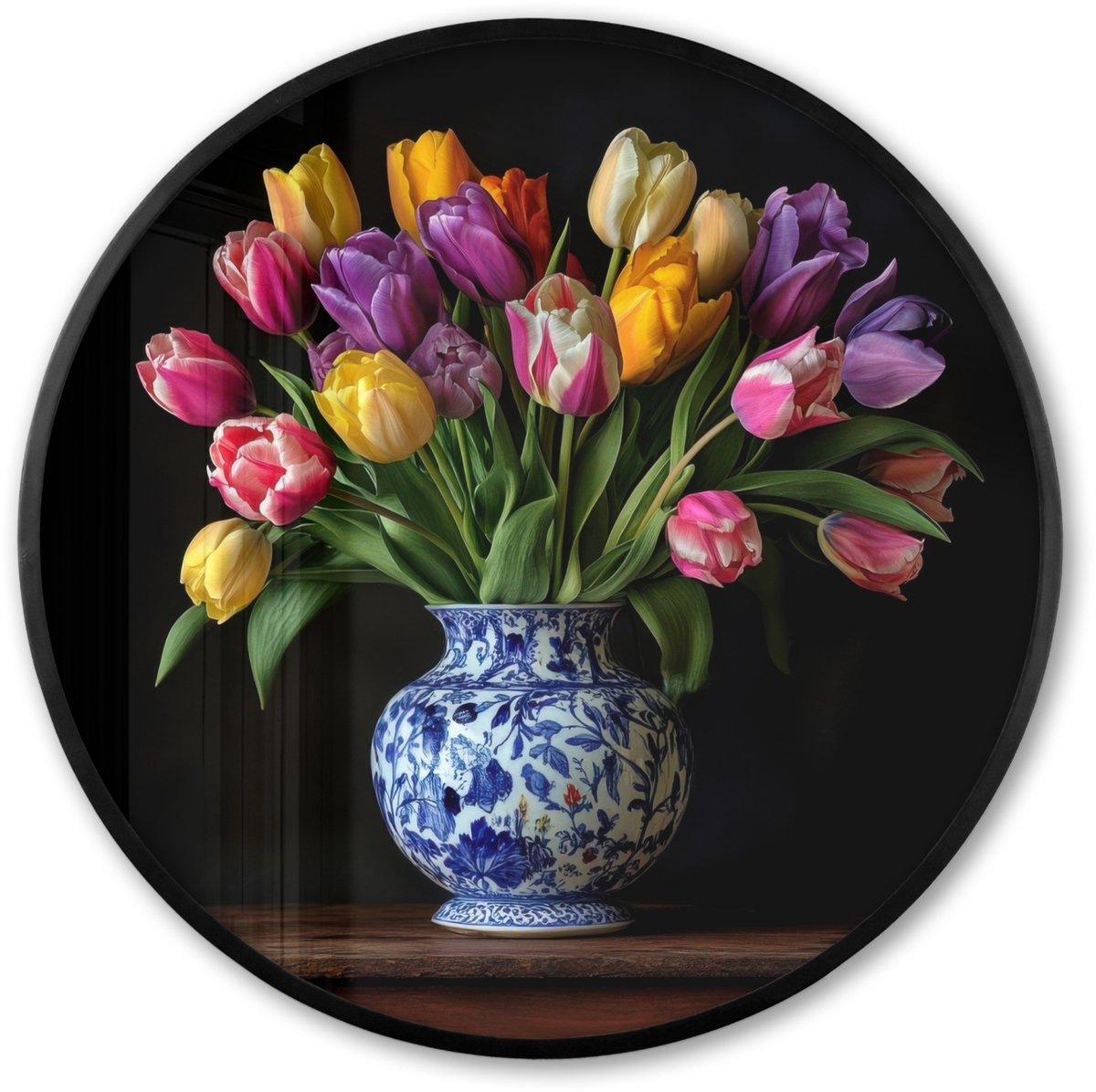 FrameYourWall Poster in lijst Rond - Fotolijst 80x80 cm - Posters - Tulpen - Kleuren - Hout - Vaas - Ronde posterlijst zwart - Decoratie - Wanddecoratie woonkamer - Muurdecoratie slaapkamer Tulpen - Kleurrijk