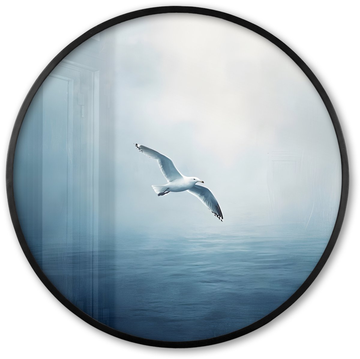 FrameYourWall Poster in lijst Rond - Fotolijst 80x80 cm - Posters - Meeuw - Wit - Zee - Mistig - Ronde posterlijst zwart - Decoratie - Wanddecoratie woonkamer - Muurdecoratie slaapkamer