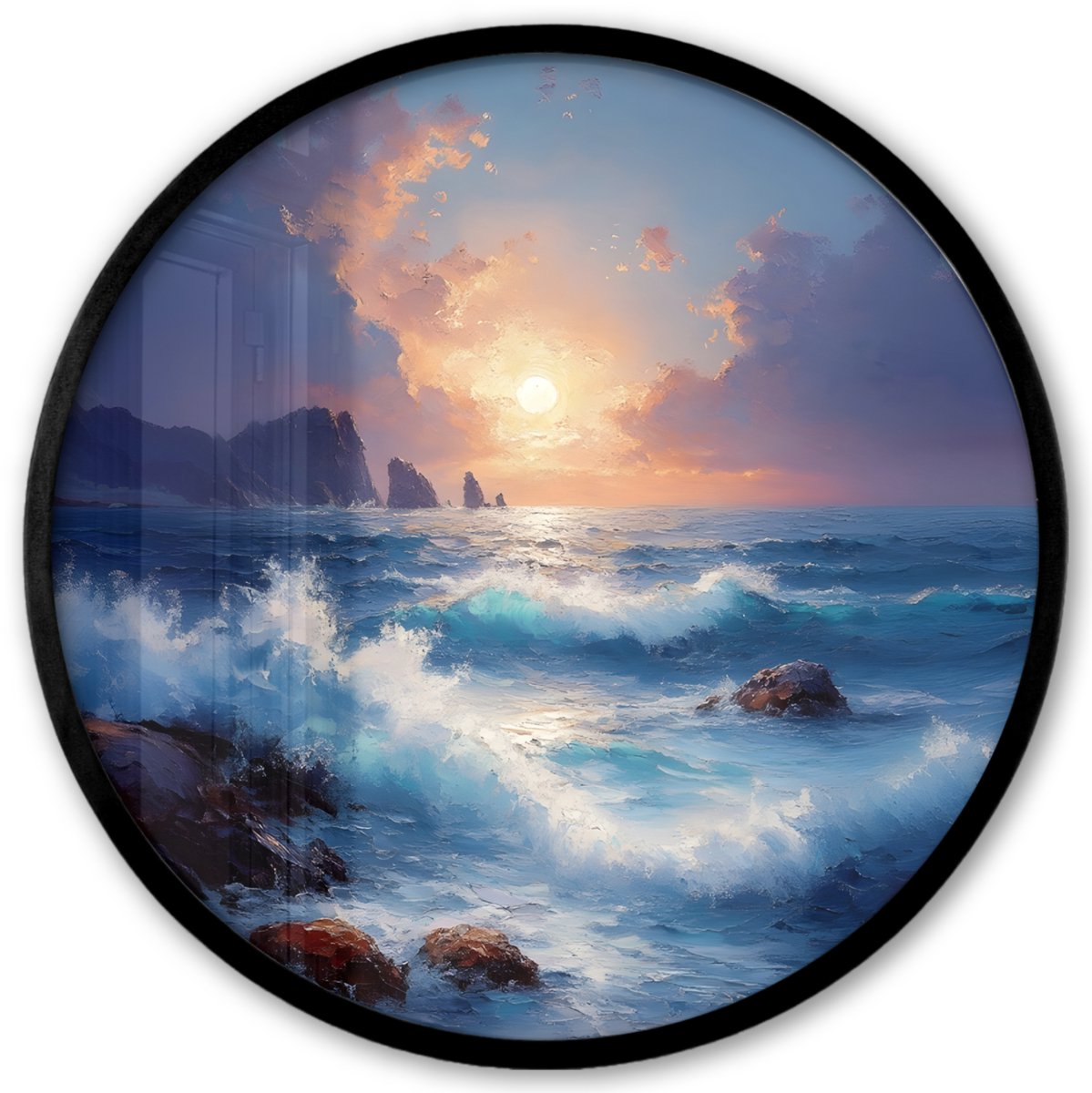 FrameYourWall Poster in lijst Rond - Fotolijst 40x40 cm - Posters - Golven - Zee - Kleurrijk - Rotsen - Ronde posterlijst zwart - Decoratie - Wanddecoratie woonkamer - Muurdecoratie slaapkamer Golven - Rotsen - Zon