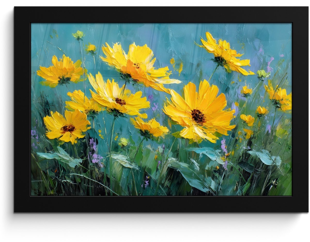 FrameYourWall Poster in lijst - Fotolijst 30x20 cm - Posters - Penseelstreken - Bloemen - Felgeel - Abstract - Posterlijst zwart - Decoratie - Wanddecoratie woonkamer - Muurdecoratie slaapkamer
