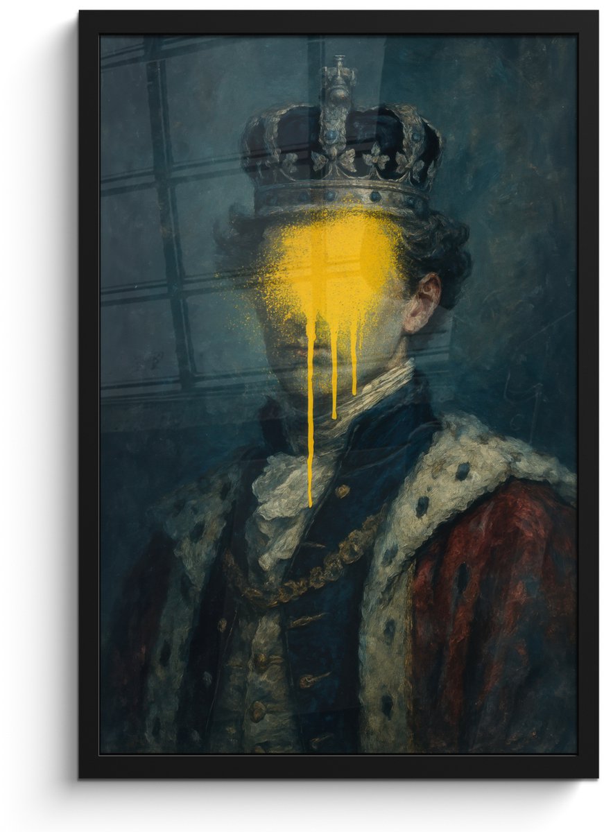 FrameYourWall Poster in lijst - Fotolijst 40x60 cm - Posters - Koning - Portret - Druipende gele verf - Posterlijst zwart - Decoratie - Wanddecoratie woonkamer - Muurdecoratie slaapkamer Koning - Portret - Verf