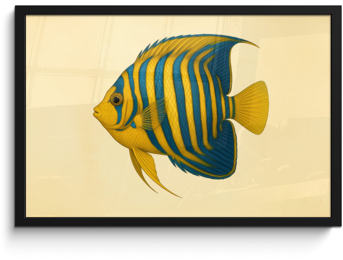 FrameYourWall Poster in lijst - Fotolijst 60x40 cm - Posters - Felgeel - Vis - Strepen - Vinnen - Posterlijst zwart - Decoratie - Wanddecoratie woonkamer - Muurdecoratie slaapkamer Vis - Vinnen - Strepen