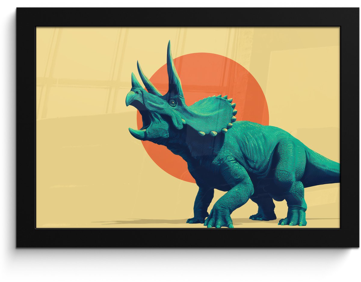FrameYourWall Poster in lijst - Fotolijst 30x20 cm - Posters - Triceratops - Cirkel - Oranje - Hoorns - Posterlijst zwart - Decoratie - Wanddecoratie woonkamer - Muurdecoratie slaapkamer