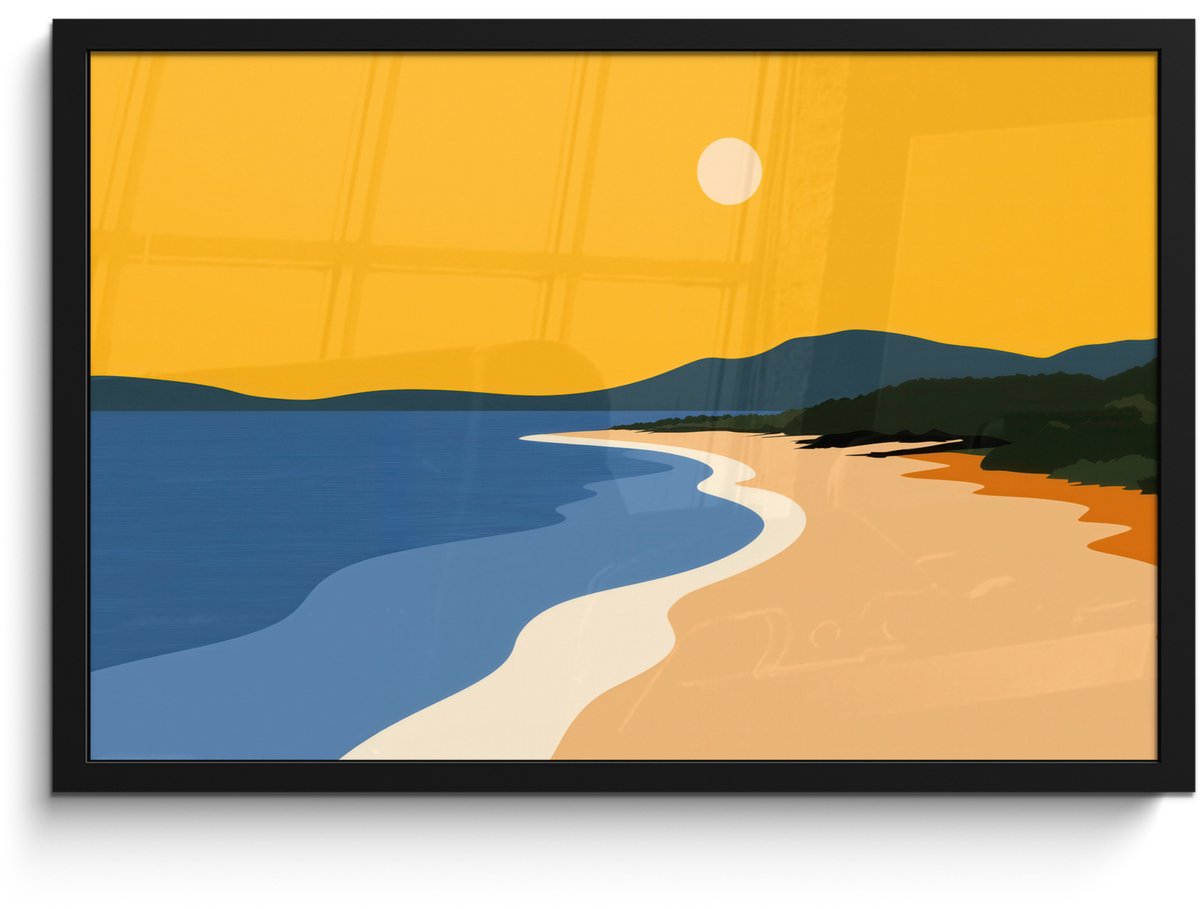FrameYourWall Poster in lijst - Fotolijst 60x40 cm - Posters - Kustlijn - Oranje lucht - Begroeiing - Posterlijst zwart - Decoratie - Wanddecoratie woonkamer - Muurdecoratie slaapkamer Kustlijn - Zon
