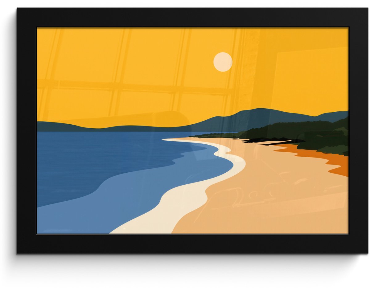 FrameYourWall Poster in lijst - Fotolijst 30x20 cm - Posters - Kustlijn - Oranje lucht - Begroeiing - Posterlijst zwart - Decoratie - Wanddecoratie woonkamer - Muurdecoratie slaapkamer Kustlijn - Zon