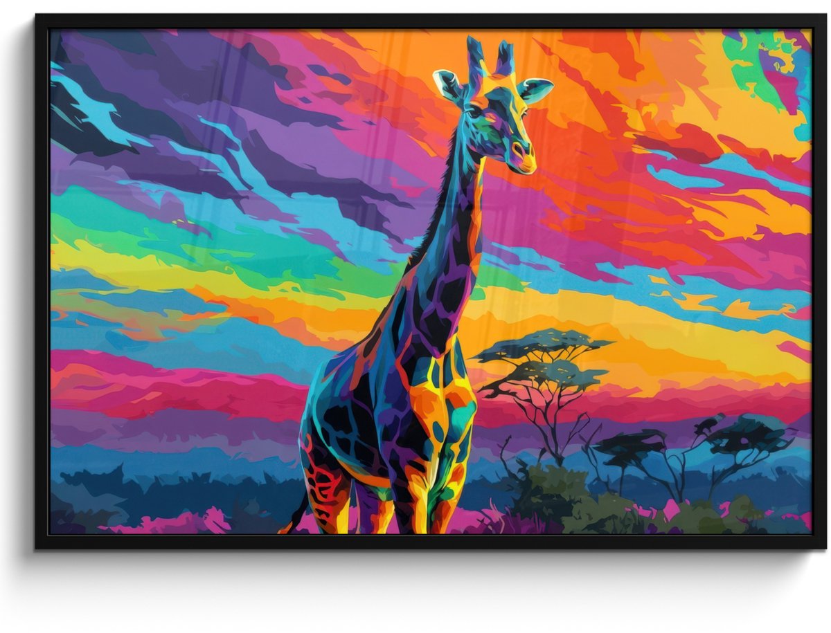 FrameYourWall Poster in lijst - Fotolijst 120x80 cm - Posters - Giraffe - Savanna - Lucht - Gekleurd - Posterlijst zwart - Decoratie - Wanddecoratie woonkamer - Muurdecoratie slaapkamer Giraffe - Kleurrijk