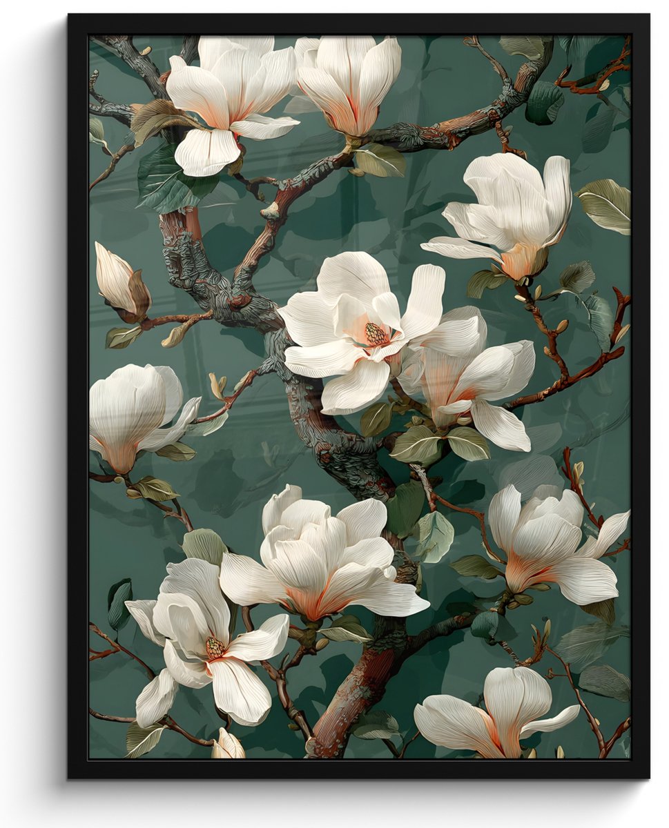 FrameYourWall Poster in lijst - Fotolijst 60x80 cm - Posters - Bloemen - Takken - Wit - Klassiek - Posterlijst zwart - Decoratie - Wanddecoratie woonkamer - Muurdecoratie slaapkamer